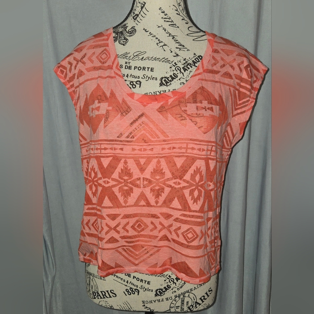 3/$15 Arizona Jean Company Aztec Print Junior Girls Sz M Sheer Orange Top Shirt